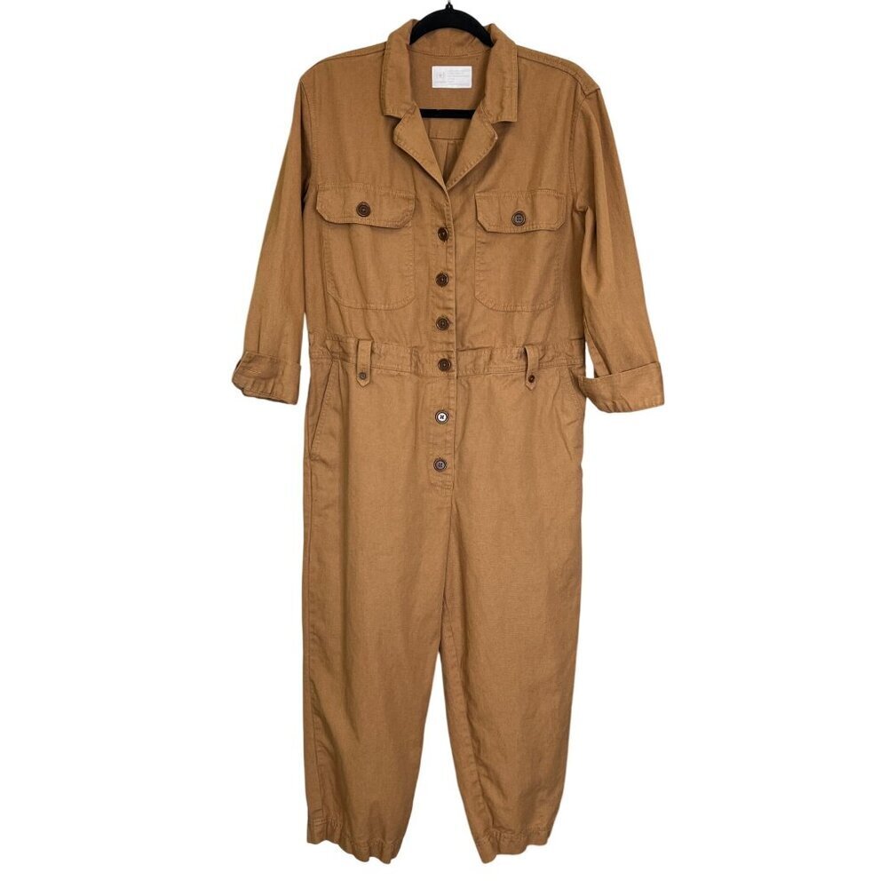 RE/DONE Cotton Linen Utility Boiler Jumpsuit Brown Size 12 Button Front
